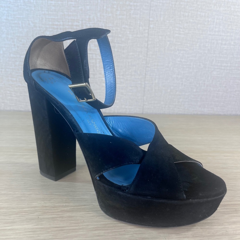 Valentina Rangoni Black Suede Platform Sandals Ankle Strap Block Heel Italy 9.5M